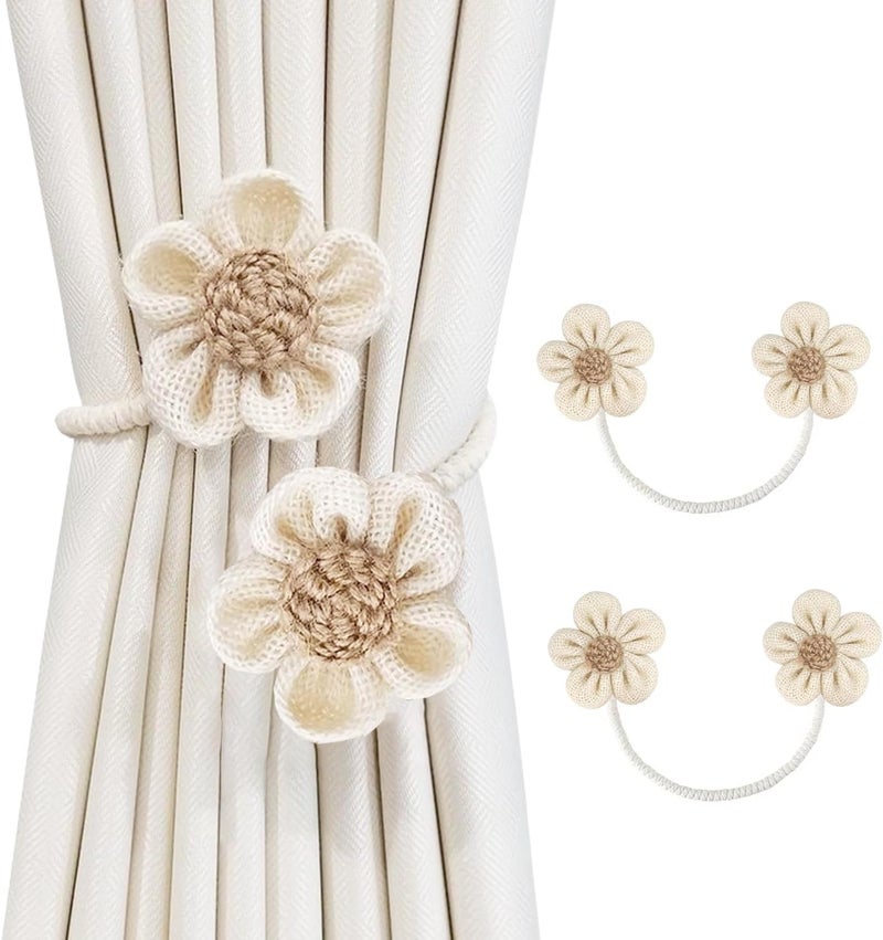 SRG Rope Curtain Tiebacks 2 Pack | Sunflower Curtain Tieback Boho | Simple Elegant DIY Curtain Holdbacks | Accessories Wall Decoration for Home Office（Cream） - Image 1
